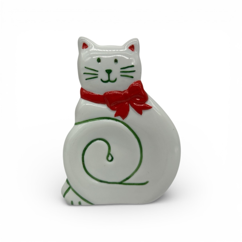 Christmas Cat spoon rest trinket dish ceramic big red bow green swirl 5" Current